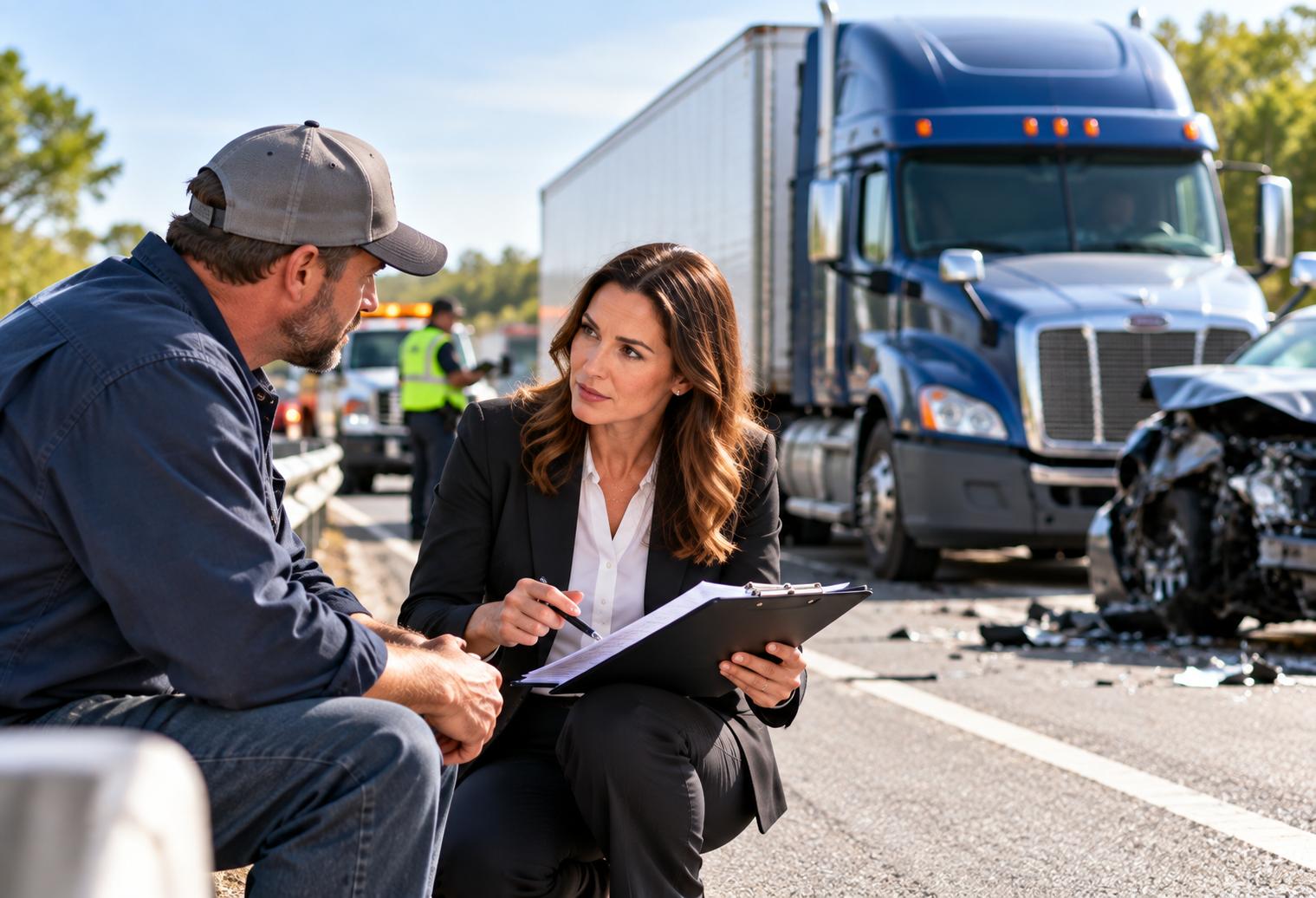 A truck accident attorney reviews accident reports with a truck driver at a highway crash scene involving a semi-truck and damaged vehicle, highlighting the impact of federal trucking regulations on accident cases.