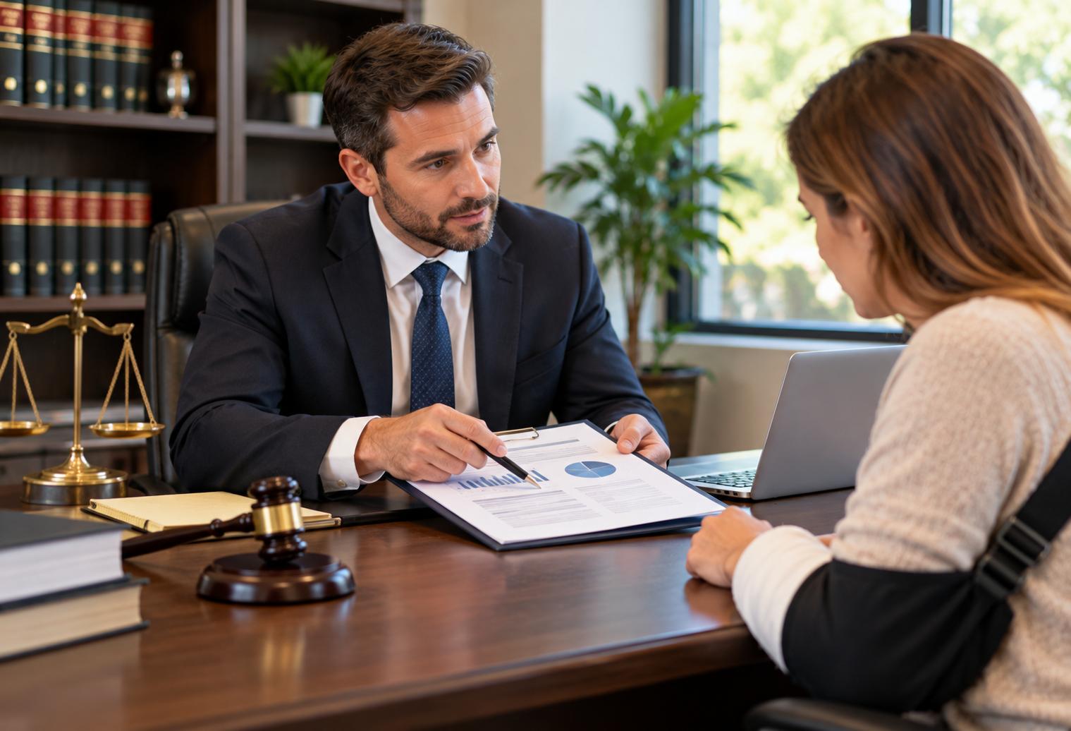 Personal injury lawyer reviewing compensation documents with an injured client wearing an arm sling during a legal consultation.